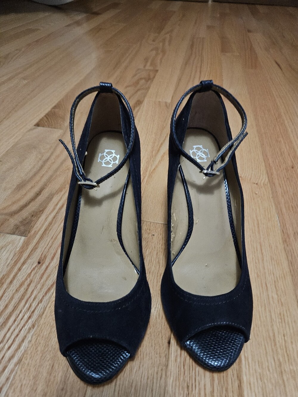 Ann Taylor Navy Blue Suede Peep-Toe Ankle Strap Heels